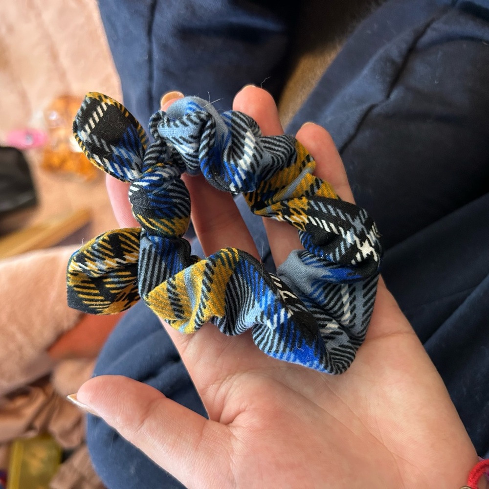 Plaid Scrunchie with Blue and Yellow Accents